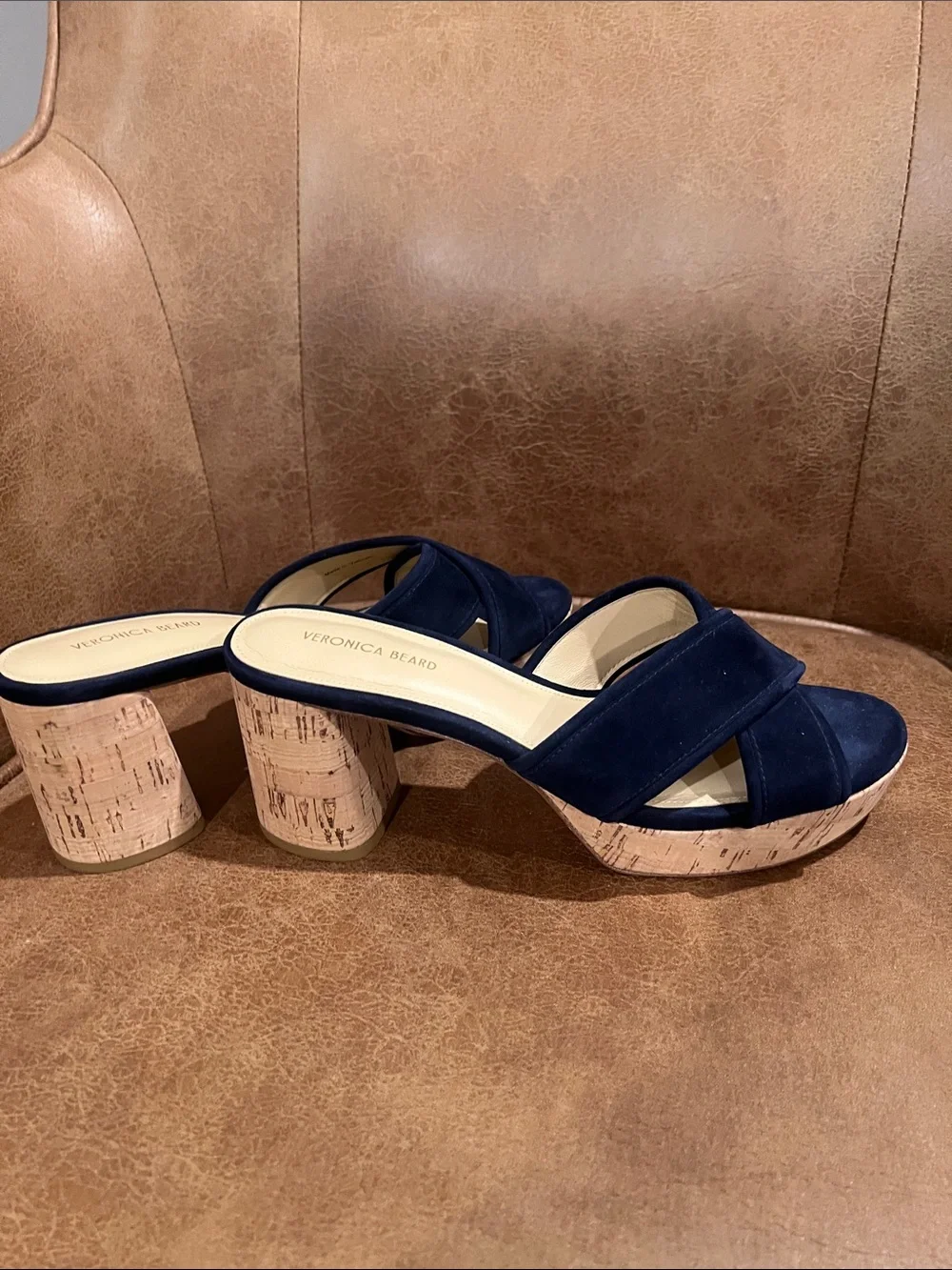 Veronica Beard Navy Suede Cork Block Heel Slides